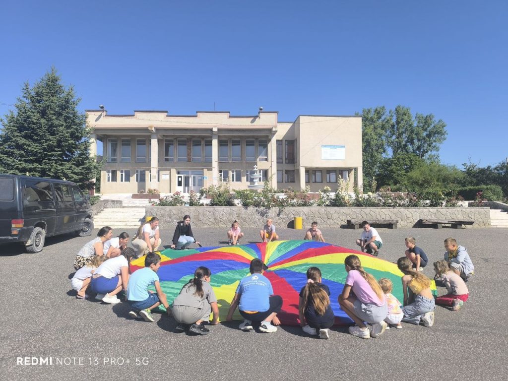 Kids playing with a parachute